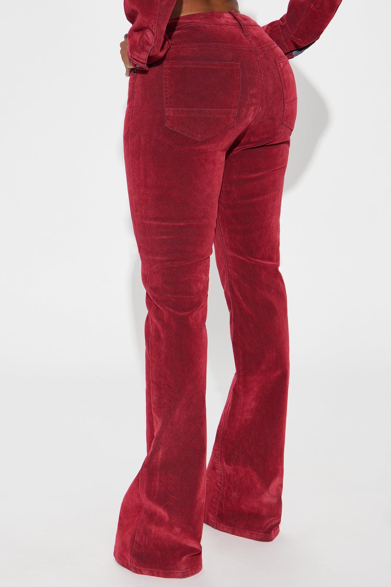 Not Like Us Stretch Velvet Flocked Flare Jeans - Red Product Image