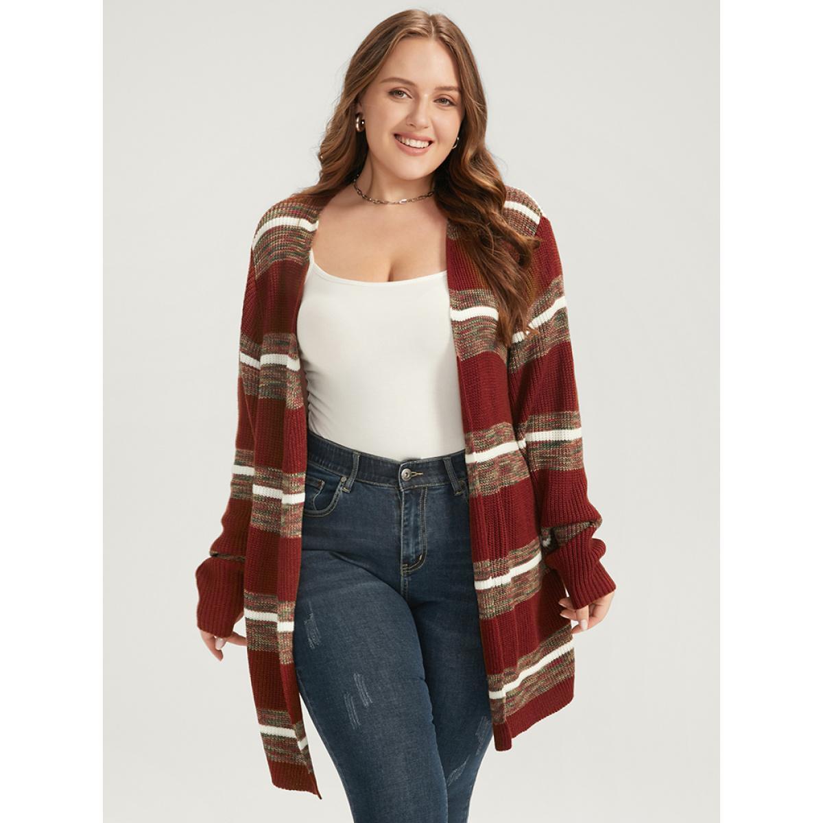 Plus Size Striped Contrast Pointelle Knit Open Front Heather Cardigan Burgundy Women Casual Loose Long Sleeve Dailywear Cardigans BloomChic 10/M Product Image