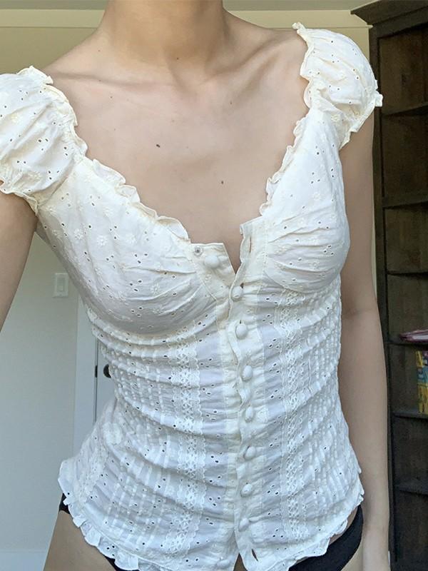 Button Down Broidered Lace Crop Blouse Product Image