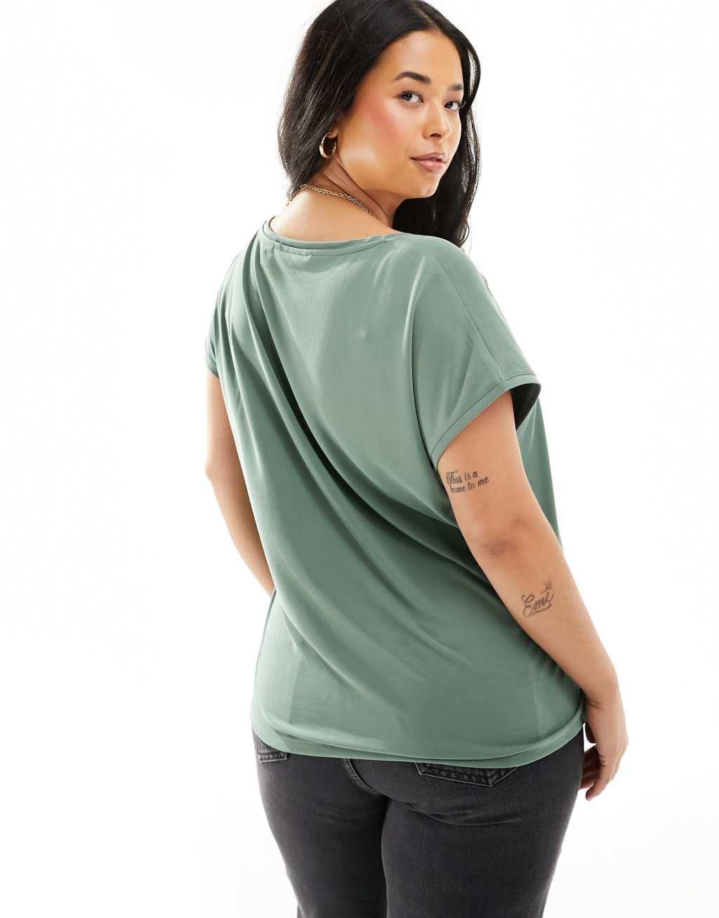 Vero Moda Curve slinky v neck t-shirt in khaki Product Image