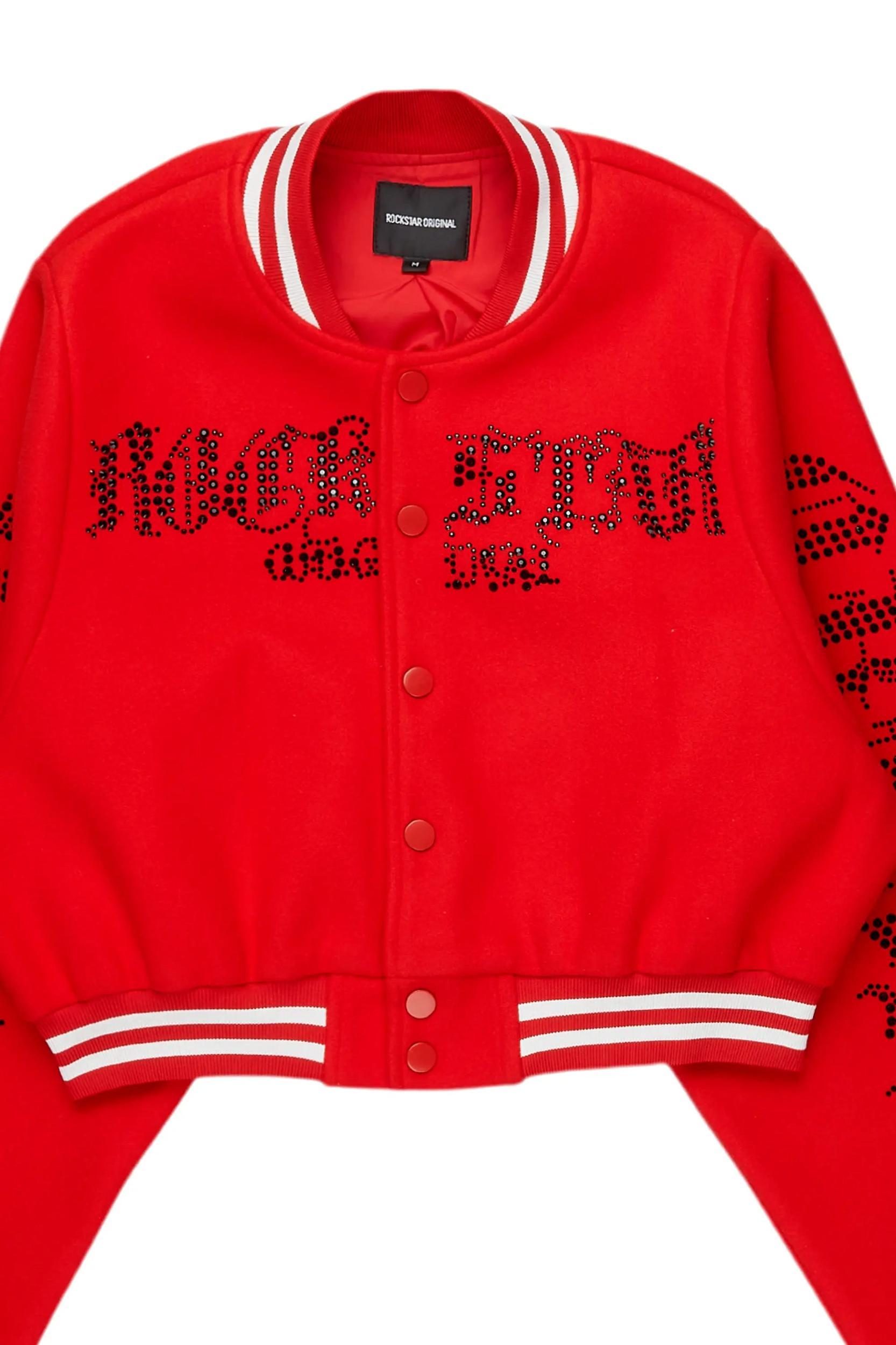 Gianni Red Crop Rhinestone Varsity Jacket Female Product Image