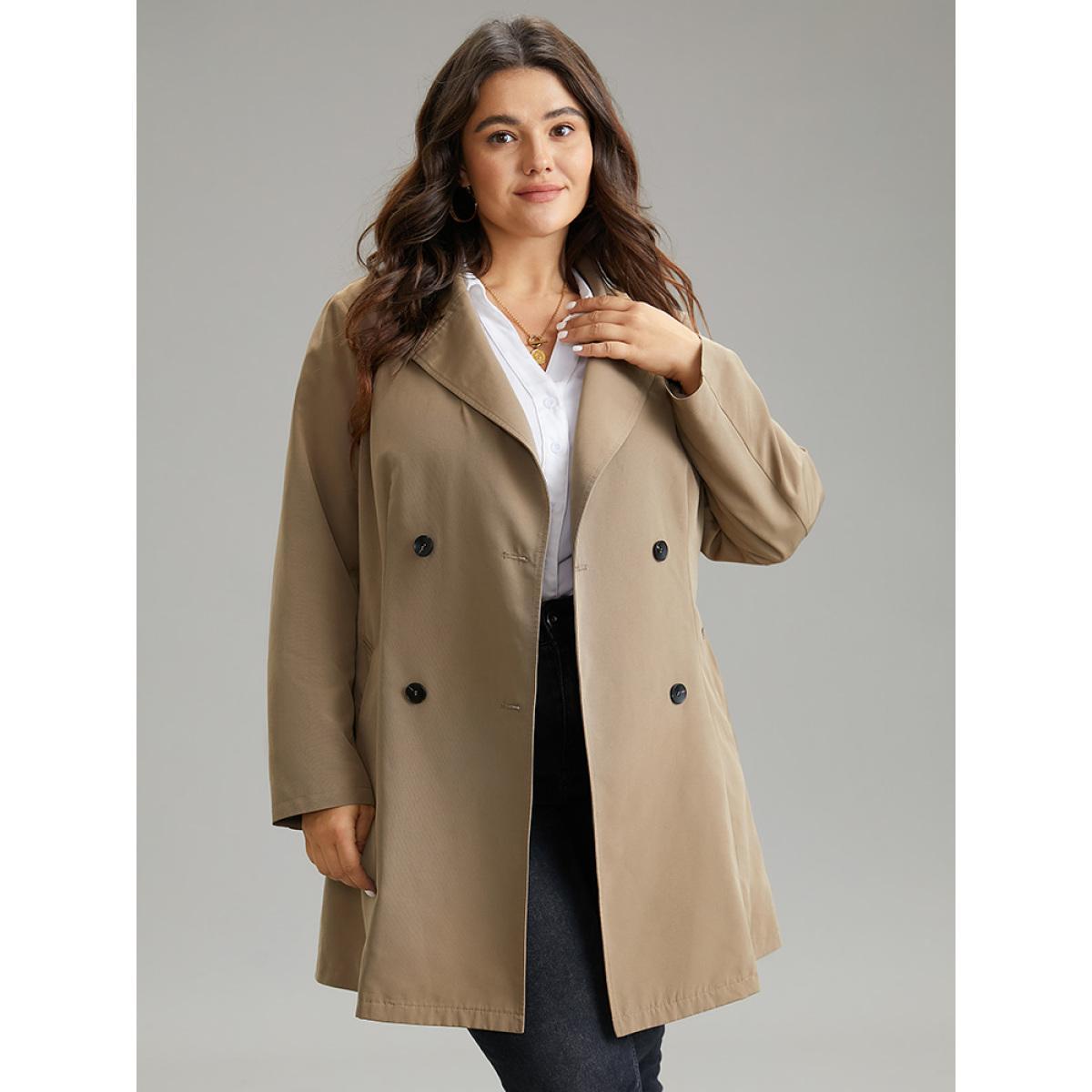 Plus Size Plain Double Breasted Belted Lapel Collar Coat Women LightBrown Casual Plain Ladies Dailywear Winter Coats BloomChic 18-20/2X Product Image
