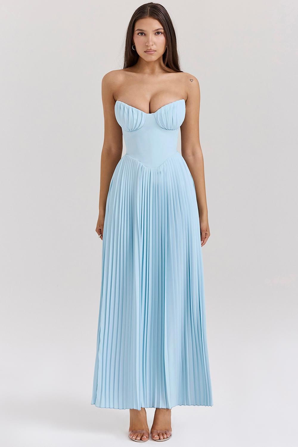 Marcella Ocean Blue Pleated Maxi Dress Product Image
