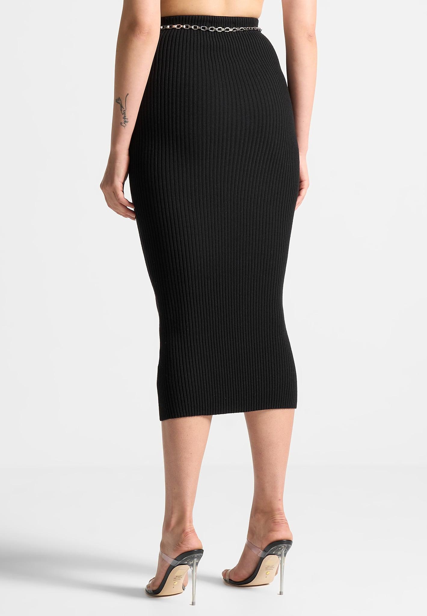 Ribbed Knit Midaxi Skirt with Chain Belt - Black Female Product Image