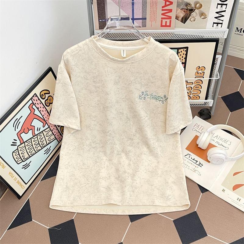 Short-Sleeve Round Neck Lettering Embroidered T-Shirt Product Image