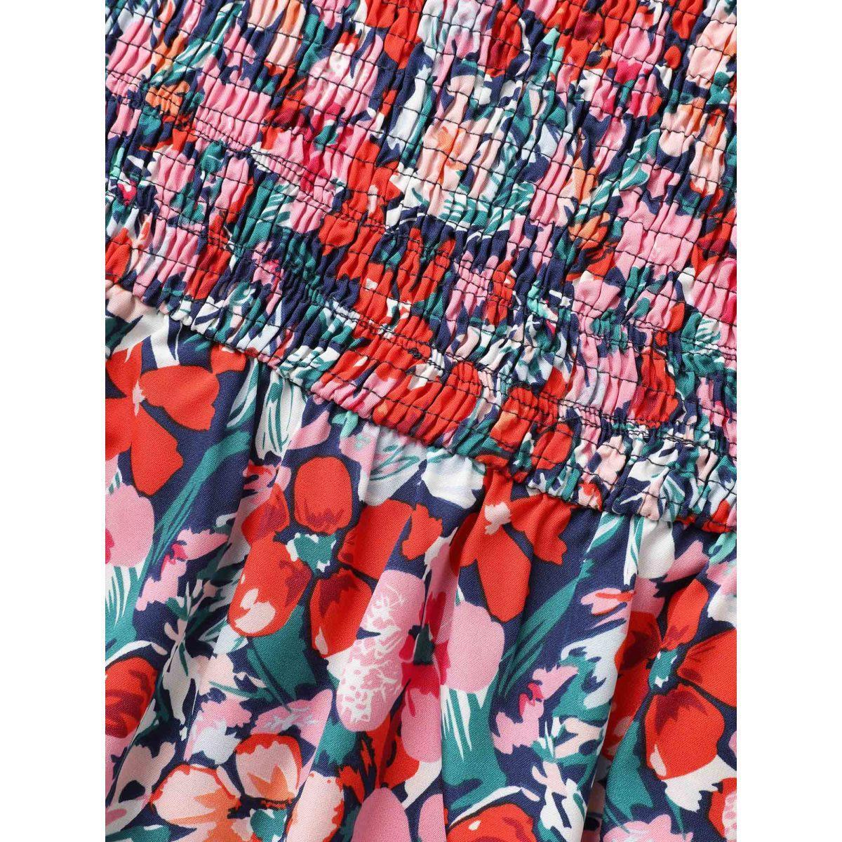 Plus Size Floral Shirred Frill Trim Tank Dress Navy Women Elegant Frill Trim Round Neck Sleeveless Curvy BloomChic 30/6X Product Image
