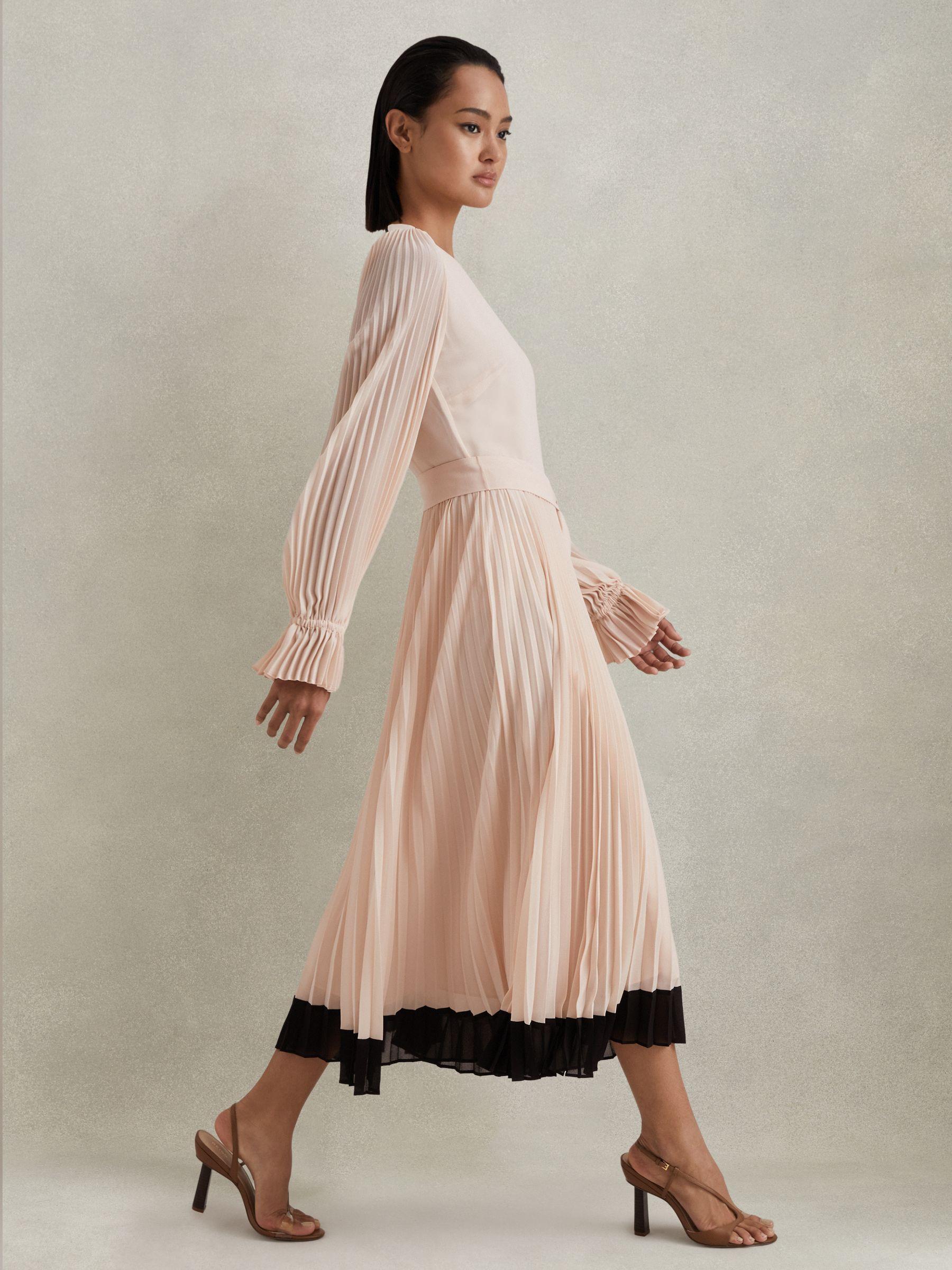 Pleated Belted Midi Dress in Nude/Black Product Image