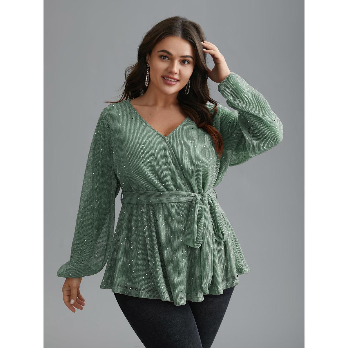 Plus Size Aquamarine Sequin Mesh Lantern Sleeve Wrap Belted Striped Blouse Women Cocktail Long Sleeve Overlap Collar Party Blouses BloomChic 10/M Product Image