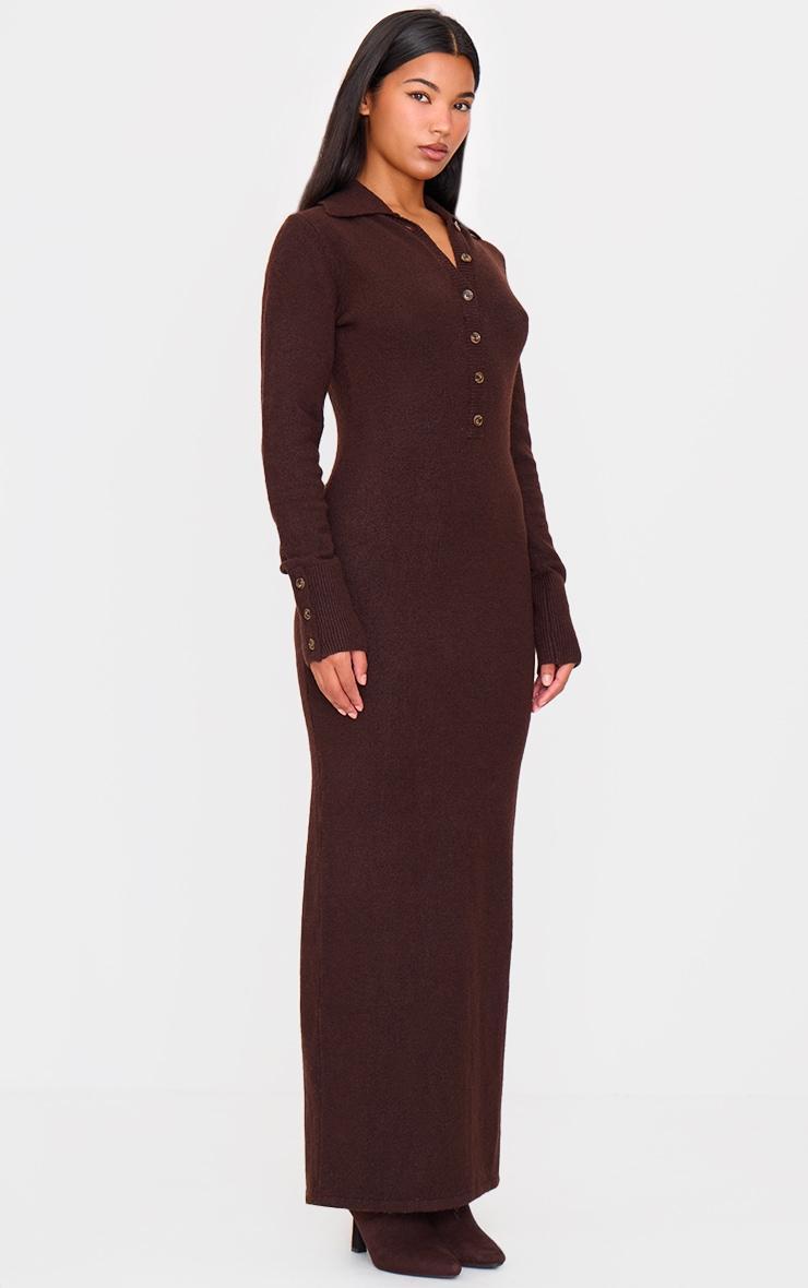 Chocolate Soft Bobble Knit Button Up Collar Detail Maxi Dress Product Image