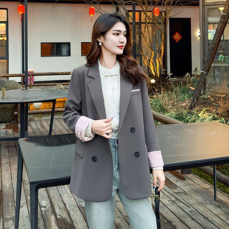 Lapel Collared Plain Double-Breasted Blazer Product Image