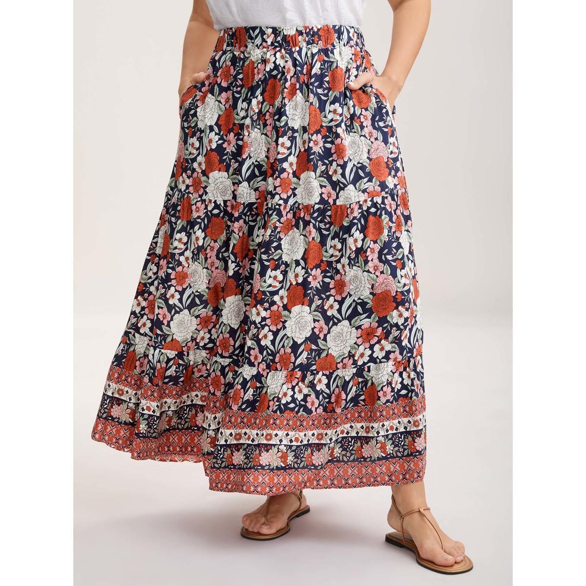 Plus Size Rayon Breezy Floral Print Tiered Back Maxi Skirt Women Rust Resort Loose No stretch Side seam pocket Vacation Skirts BloomChic 18-20/2X Product Image