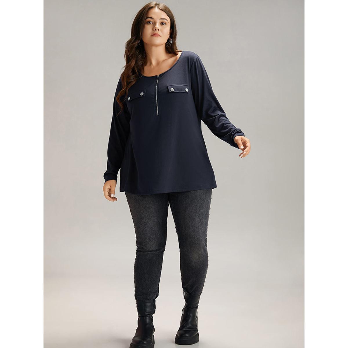 Plus Size Plain Half Zip Button Detail T-shirt Midnight Women Casual Plain Plain Open Front Everyday T-shirts BloomChic 28/5X Product Image