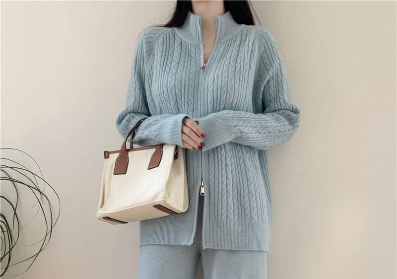 Set: Plain Cable-Knit Zip Cardigan + High Rise Knit Wide Leg Pants Product Image