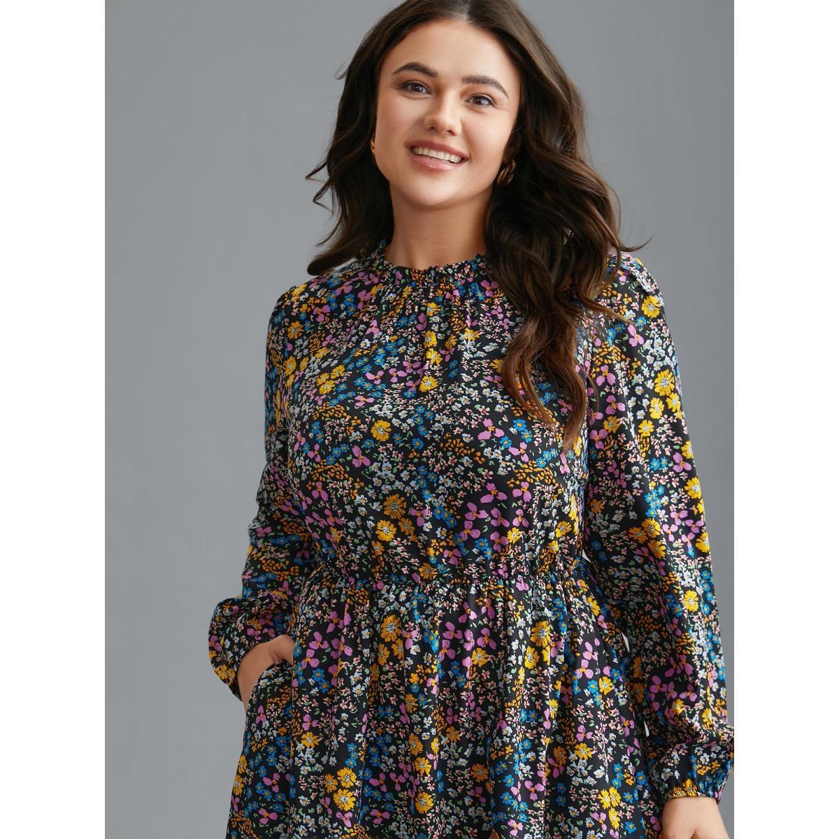 Plus Size Floral Ruffles Mock Neck Elastic Waist Midi Dress BlackFlower Women Elegant Frill Trim Mock Neck Long Sleeve Curvy BloomChic 28/5X Product Image