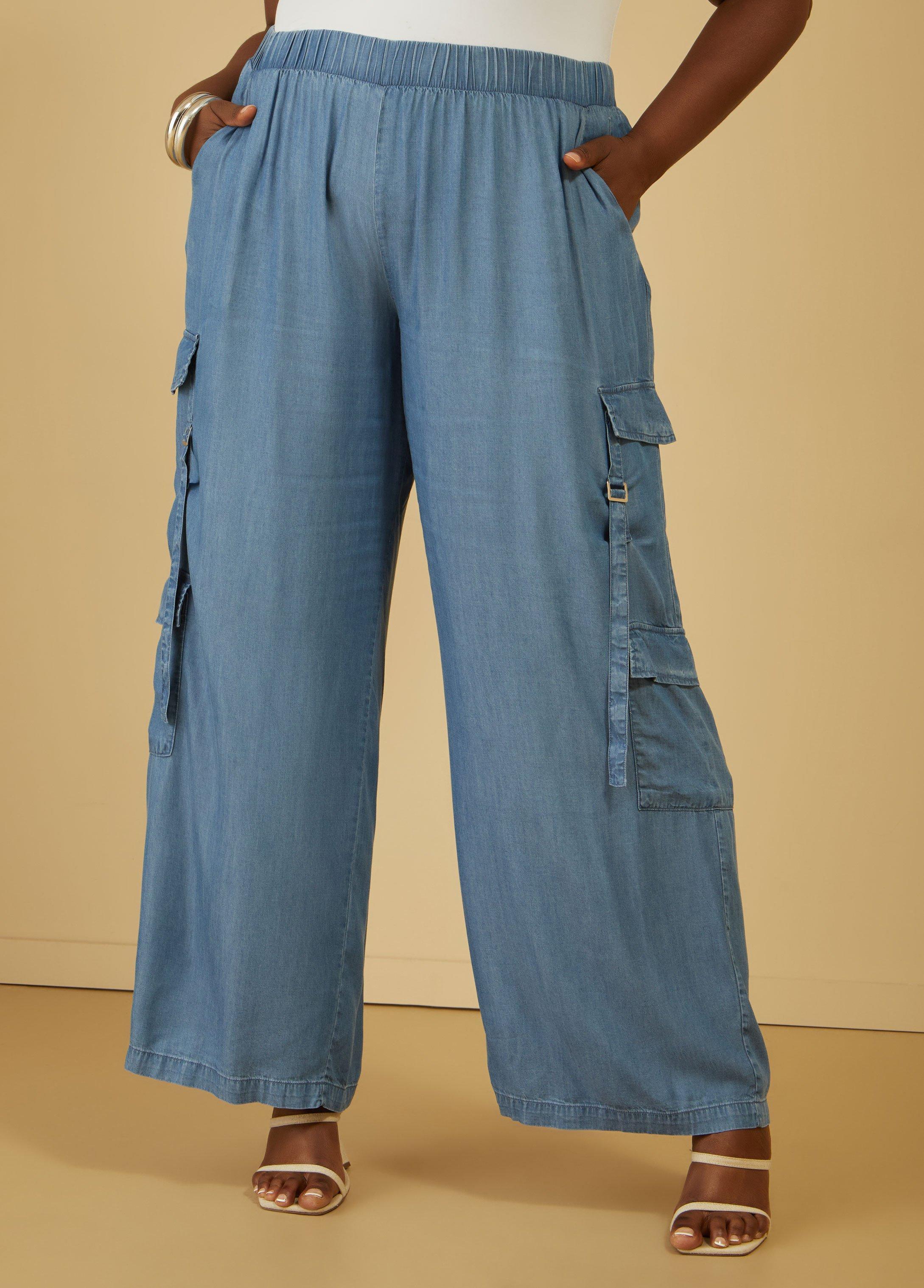 Chambray Wide Leg Cargo Pants Product Image