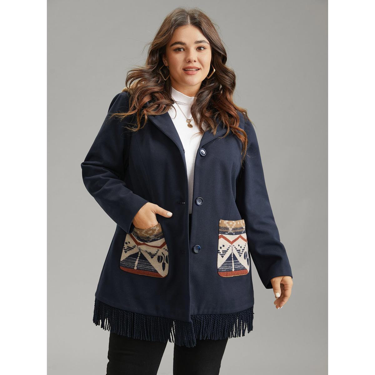 Plus Size Geometric Contrast Hooded Tassel Trim Coat Women Midnight Elegant Lined Ladies Dailywear Winter Coats BloomChic 30/6X Product Image