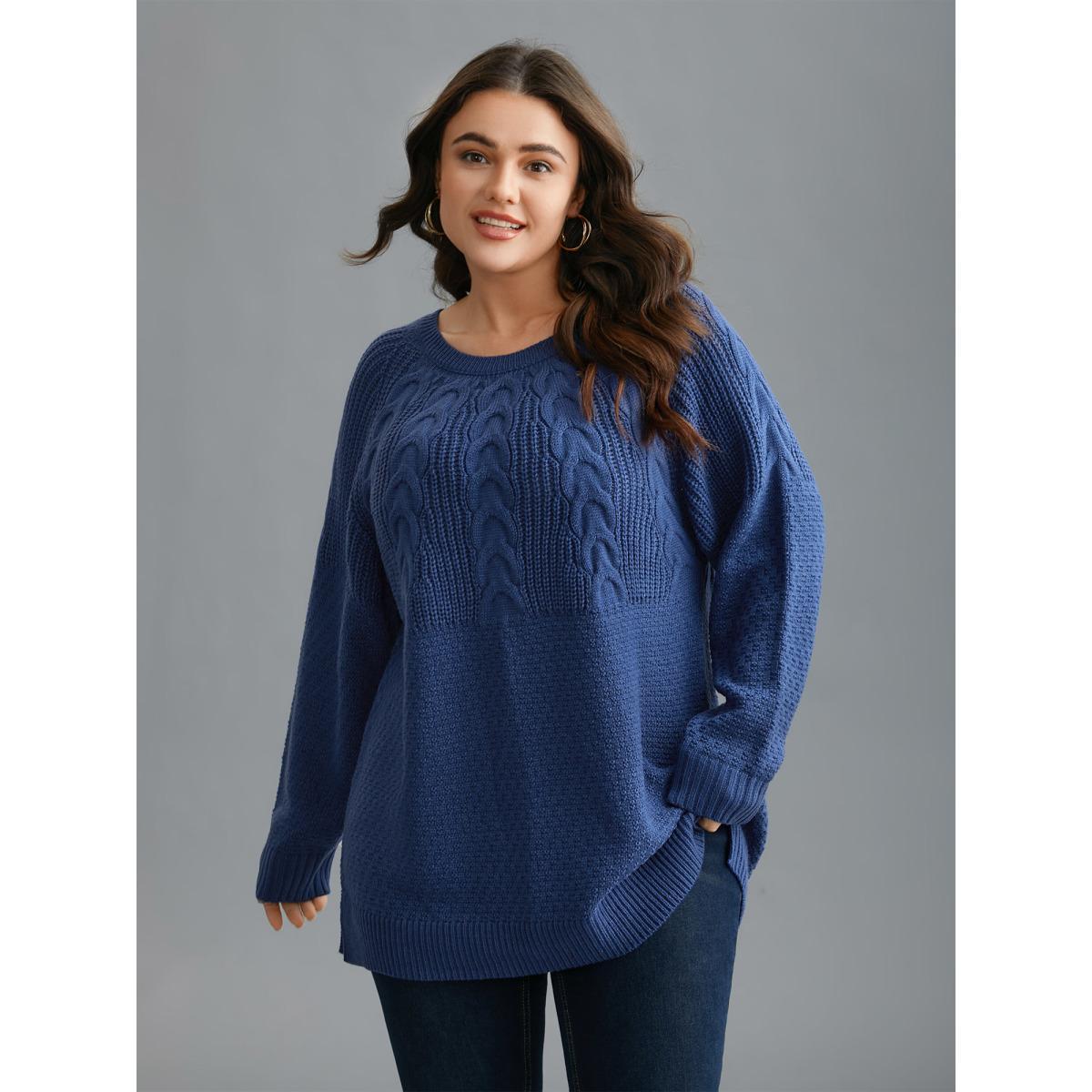 Plus Size Cable Knit Raglan Sleeve Round Neck Pullover Cerulean Women Casual Loose Long Sleeve Round Neck Everyday Pullovers BloomChic 12/L Product Image