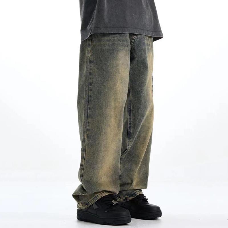 Sopula Street Embroidered Washed Mud Yellow Pleated Jeans Product Image