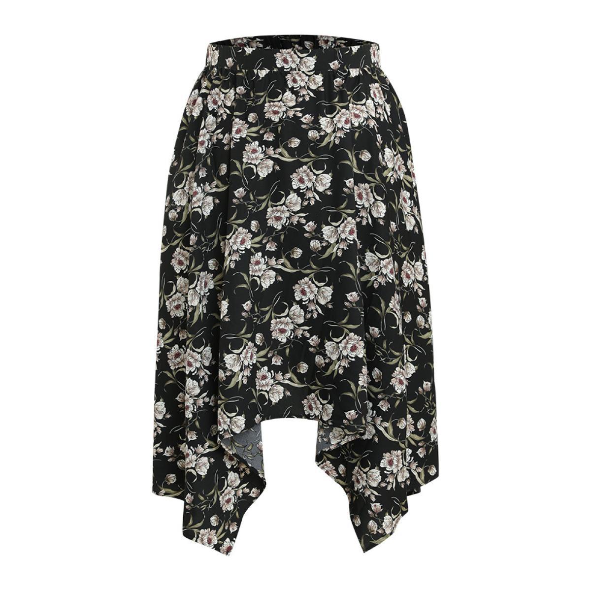 Plus Size Floral Print Pocket Elastic Waist Hanky Hem Skirt Women BlackFlower Elegant Printed No stretch Dailywear Skirts BloomChic 18-20/2X Product Image