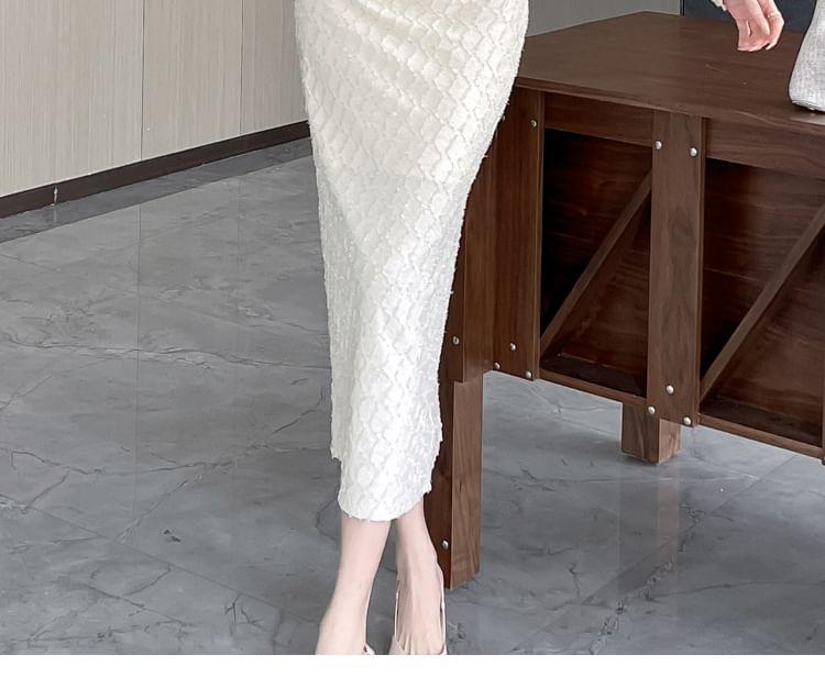 Long Sleeve Round Neck Plain Bodycon Midi Dress Product Image