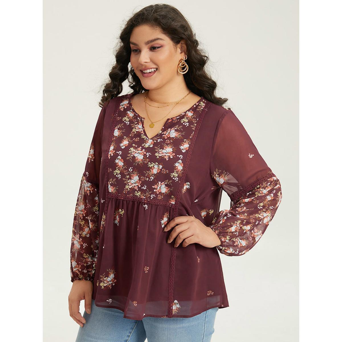 Plus Size Scarlet Floral Print Mesh Lace Patchwork Lantern Sleeve Blouse Women Elegant Long Sleeve V-neck Dailywear Blouses BloomChic 30/6X Product Image
