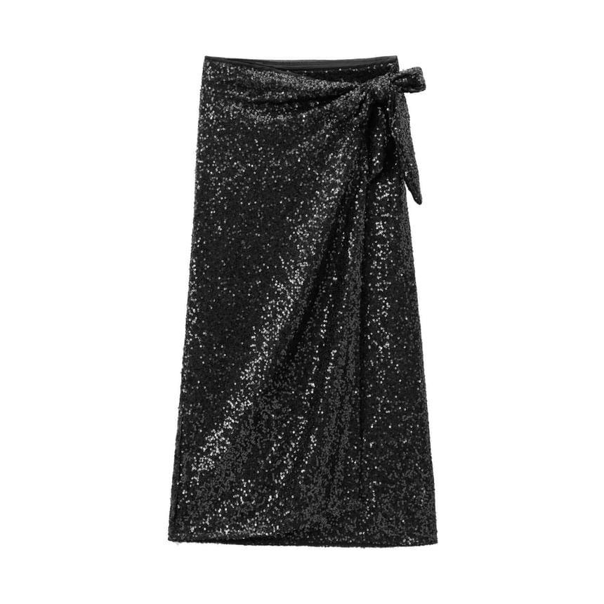 High Rise Plain Sequin Midi Straight Wrap Skirt Product Image