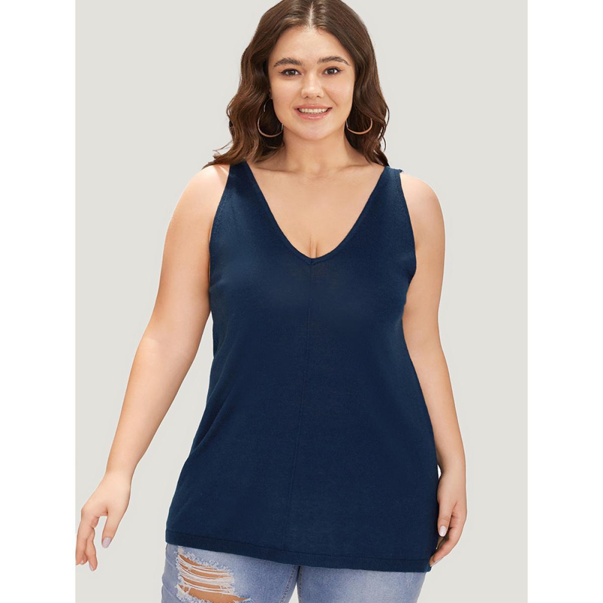 Plus Size Supersoft Essentials Solid Patchwork Sleeveless Pullover Indigo Women Casual Loose Sleeveless V-neck Everyday Pullovers BloomChic 22-24/3X Product Image