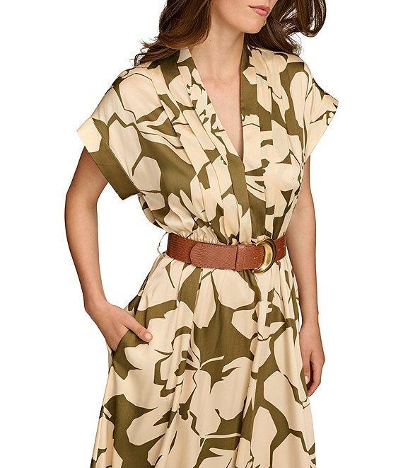 Donna Karan V-Neck Short Sleeve Belted Floral Midi Dress Product Image