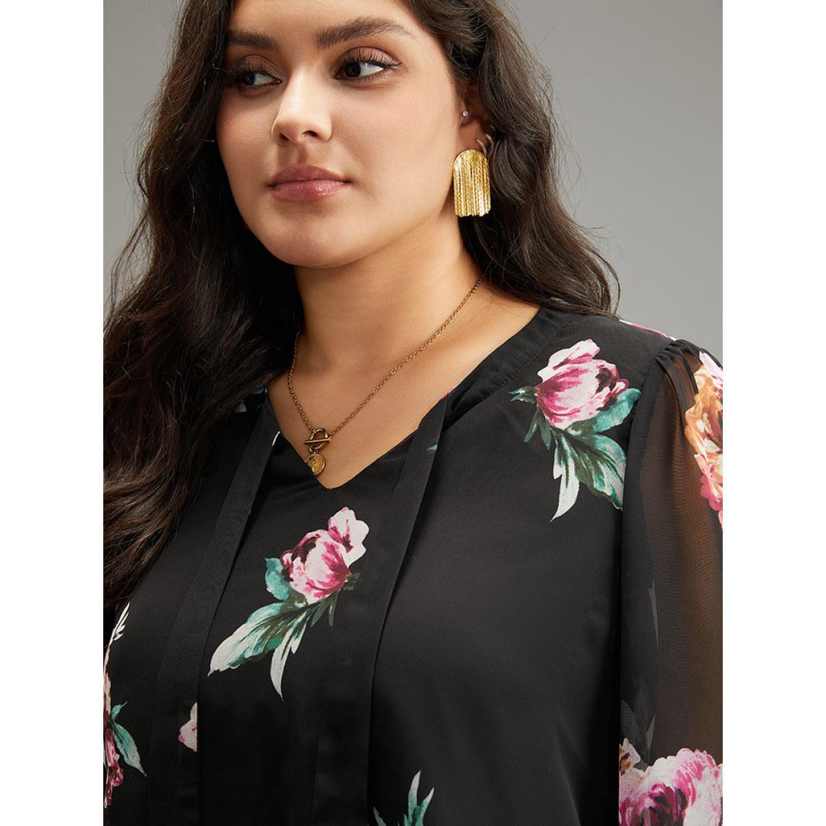 Plus Size Black Floral Knot Neck Mesh Patchwork Blouse Women Glamour Long Sleeve Tie Neck Going out Blouses BloomChic 28/5X Product Image