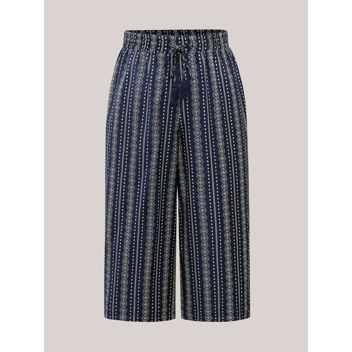Plus Size Boho Stripe Tassel Wide-Leg Pants Women Indigo Resort Straight Leg Mid Rise Vacation Pants BloomChic 28/5X Product Image