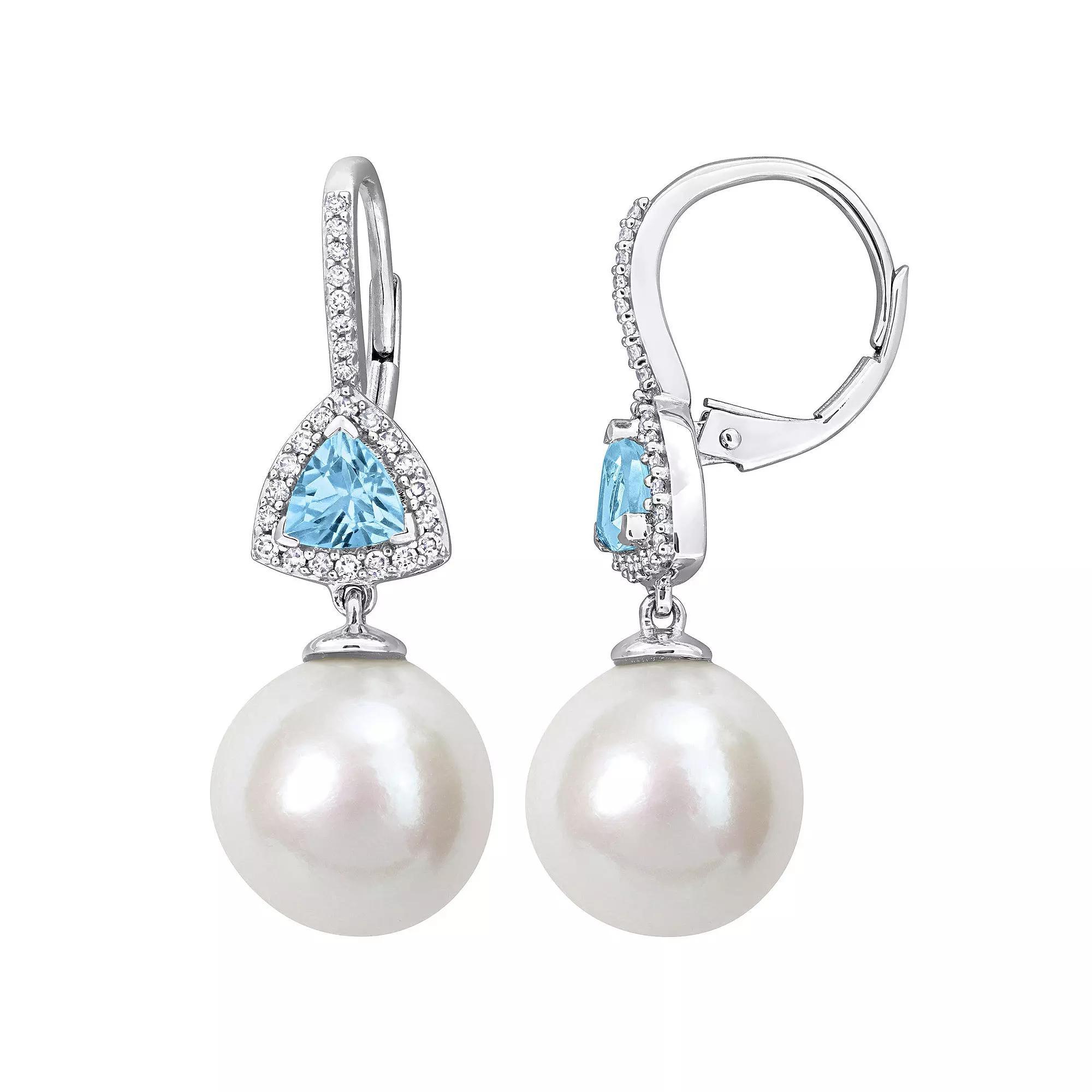Stella Grace 14k White Gold Freshwater Cultured Pearl, Sky Blue Topaz & 1/4 Carat T.W. Diamond Drop Leverback Earrings, Womens Product Image