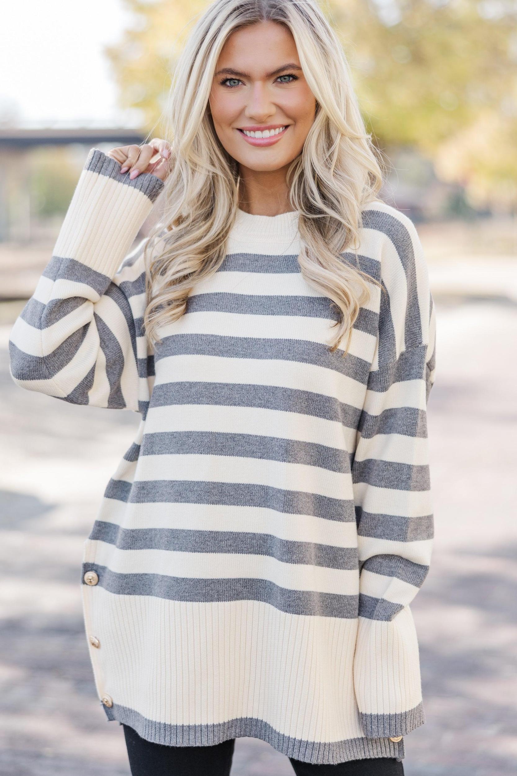 On The Way Up Heather Grey Striped Sweater Female Product Image