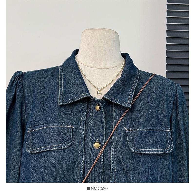 Puff-Sleeve Mock Two-Piece Denim Midi Shirtdress With Belt Product Image