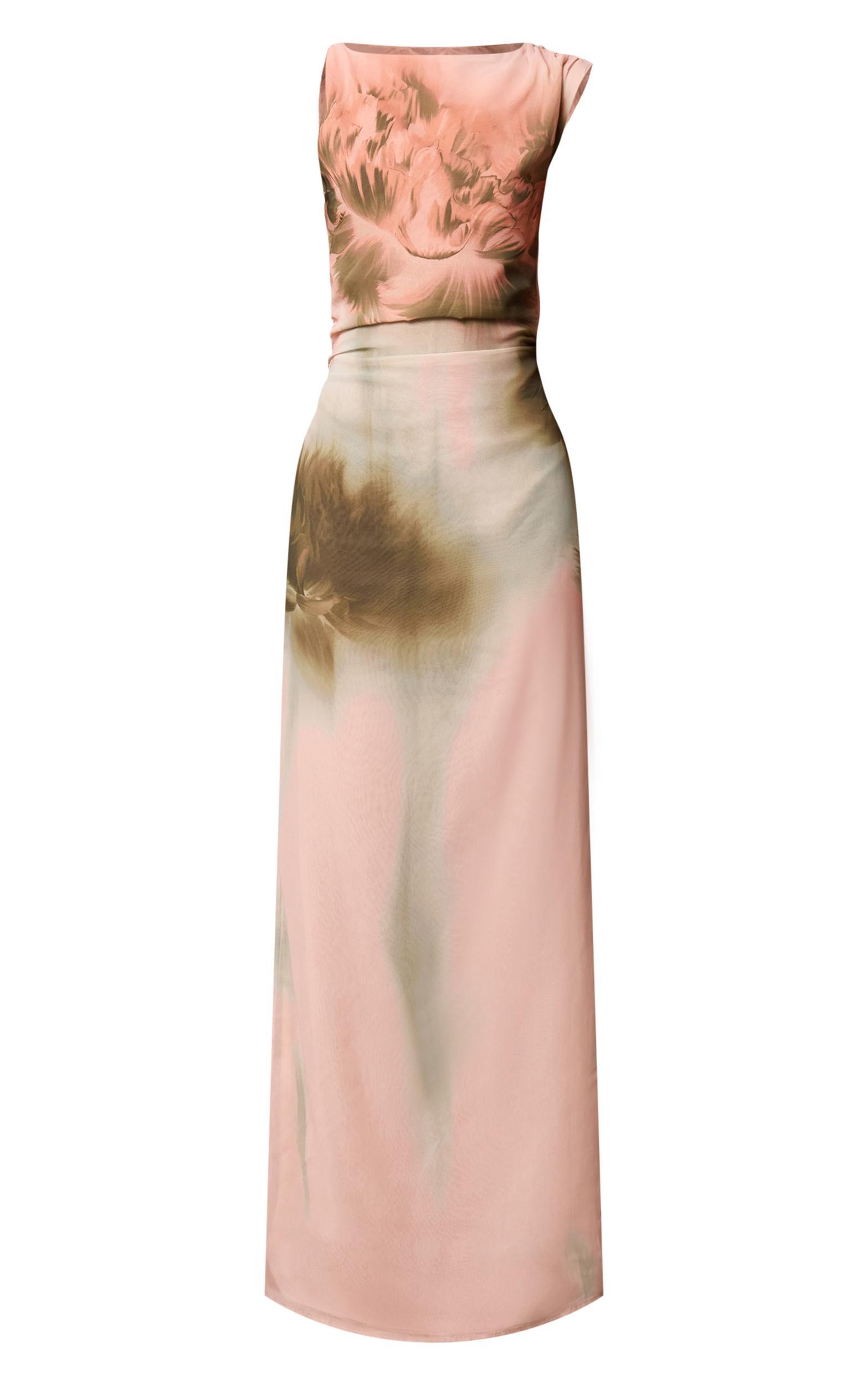 Dusty Pink Printed Floral Chiffon Ruched Sleeveless Maxi Dress Product Image