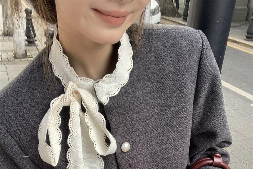 Round Neck Plain Lace Trim Single Breasted Coat Product Image