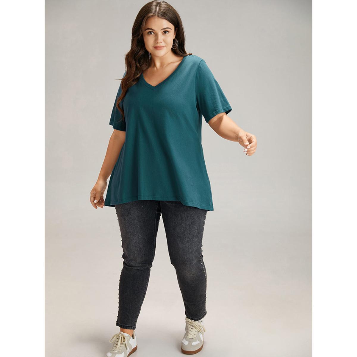Plus Size Cotton Plain V Neck Basic T-shirt DarkSlateGray Women Casual Plain Plain V-neck Dailywear T-shirts BloomChic 22-24/3X Product Image
