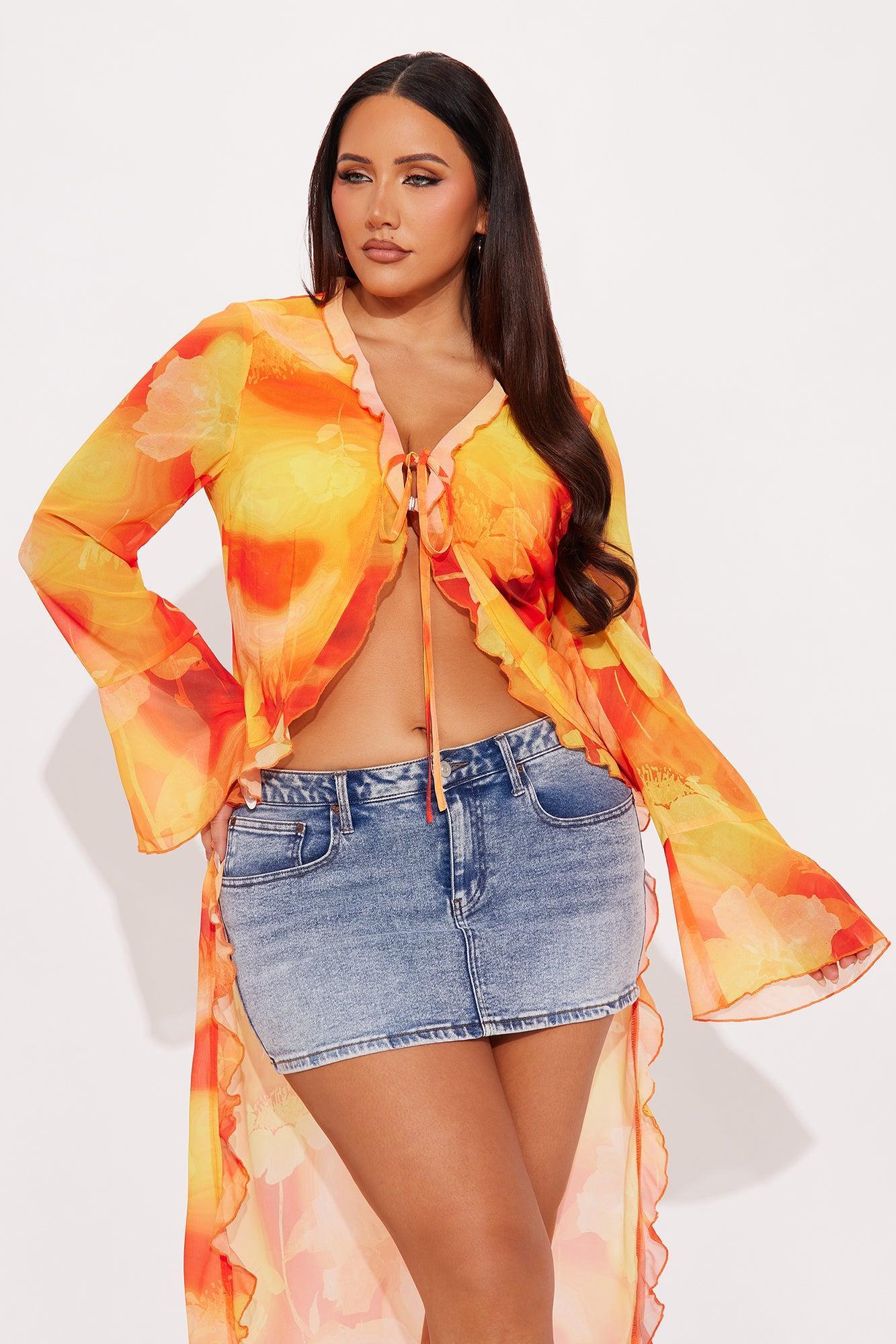 Floral Escape Chiffon Tie Front Maxi Top - Orange/combo Product Image