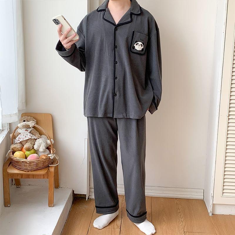 Couple Matching Pajama Set: Long Sleeve Collared Panda Applique Contrast Trim Shirt + Straight Leg Pants (Various Designs) Product Image