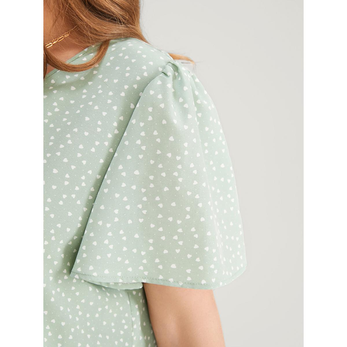 Plus Size Mint Heart Print Ruffle Sleeve Asymmetrical Hem Blouse Women Elegant Short sleeve V-neck Dailywear Blouses BloomChic 30/6X Product Image