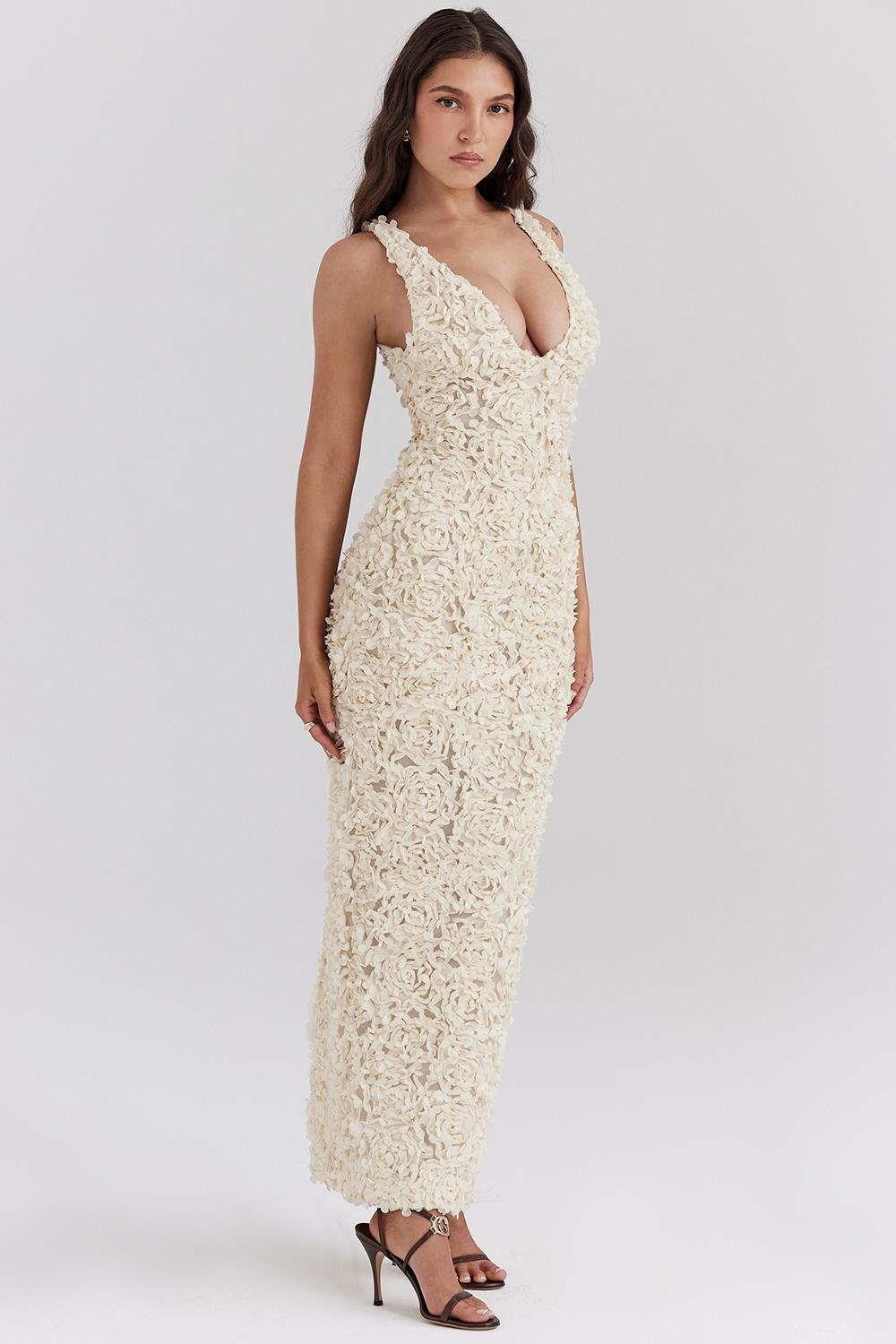 Carena Creme Plunge Floral Appliqué Maxi Dress Product Image