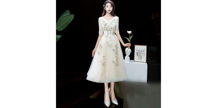 Short-Sleeve V-Neck Floral Embroidered A-Line Evening Gown Product Image