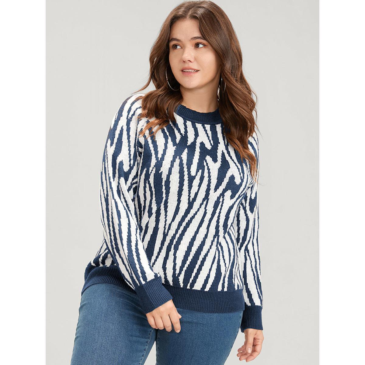 Plus Size Zebra Print Pointelle Knit Raglan Sleeve Jacquard Knit Top Midnight Women Casual Long Sleeve Round Neck Everyday Pullovers BloomChic 22-24/3X Product Image