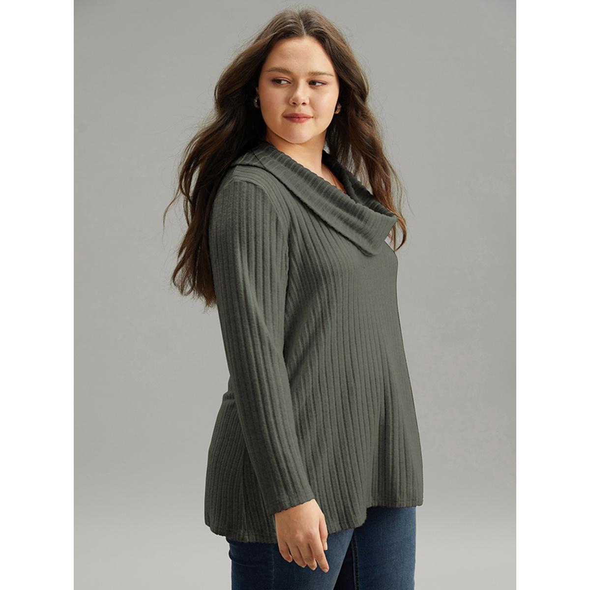 Plus Size Plain Rib Knit Cowl Neck T-shirt Green Women Elegant Texture Plain Ruffled collar Dailywear T-shirts BloomChic 10/M Product Image