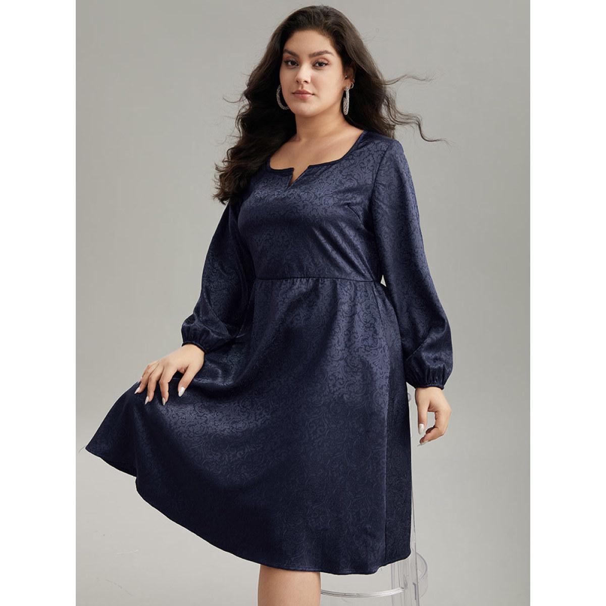 Plus Size Plain Textured Notched Lantern Sleeve Dress Indigo Women Glamour Elastic cuffs Notched collar Long Sleeve Curvy Knee Dress BloomChic 10/M Product Image