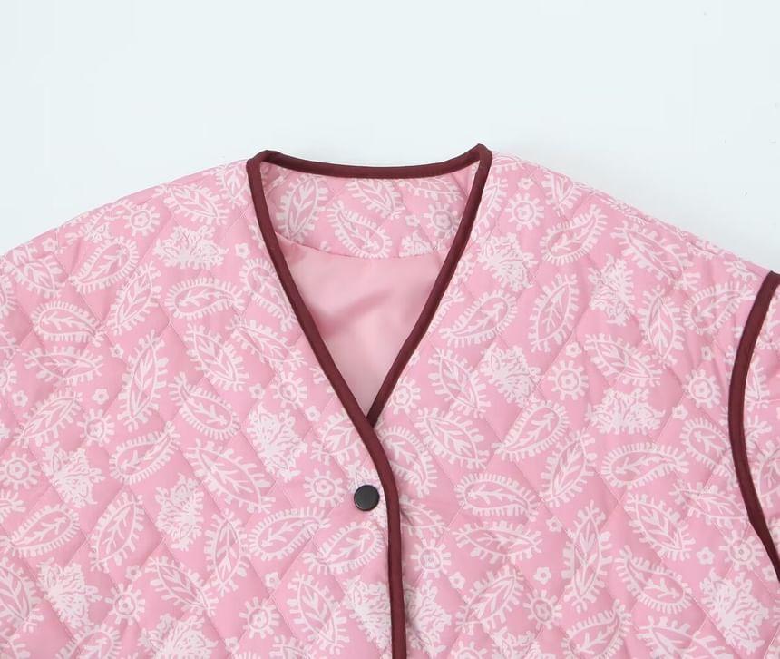 V-Neck Paisley Print Contrast Trim Quilted Button-Up Jacket Product Image