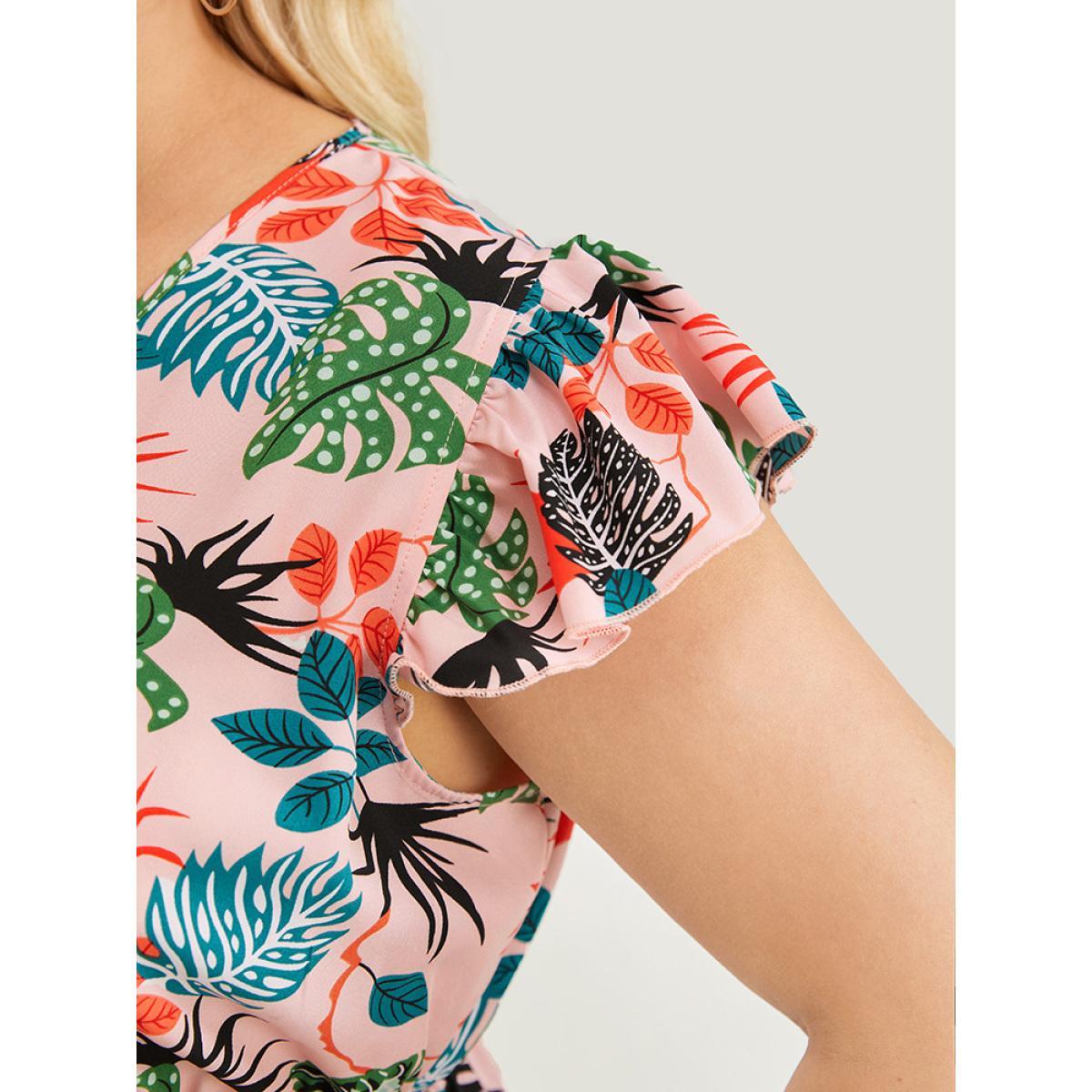 Plus Size Watermelon Plant Print Cap Sleeve Ruffle Wrap Blouse Women Elegant Cap Sleeve V-neck Dailywear Blouses BloomChic 12/L Product Image