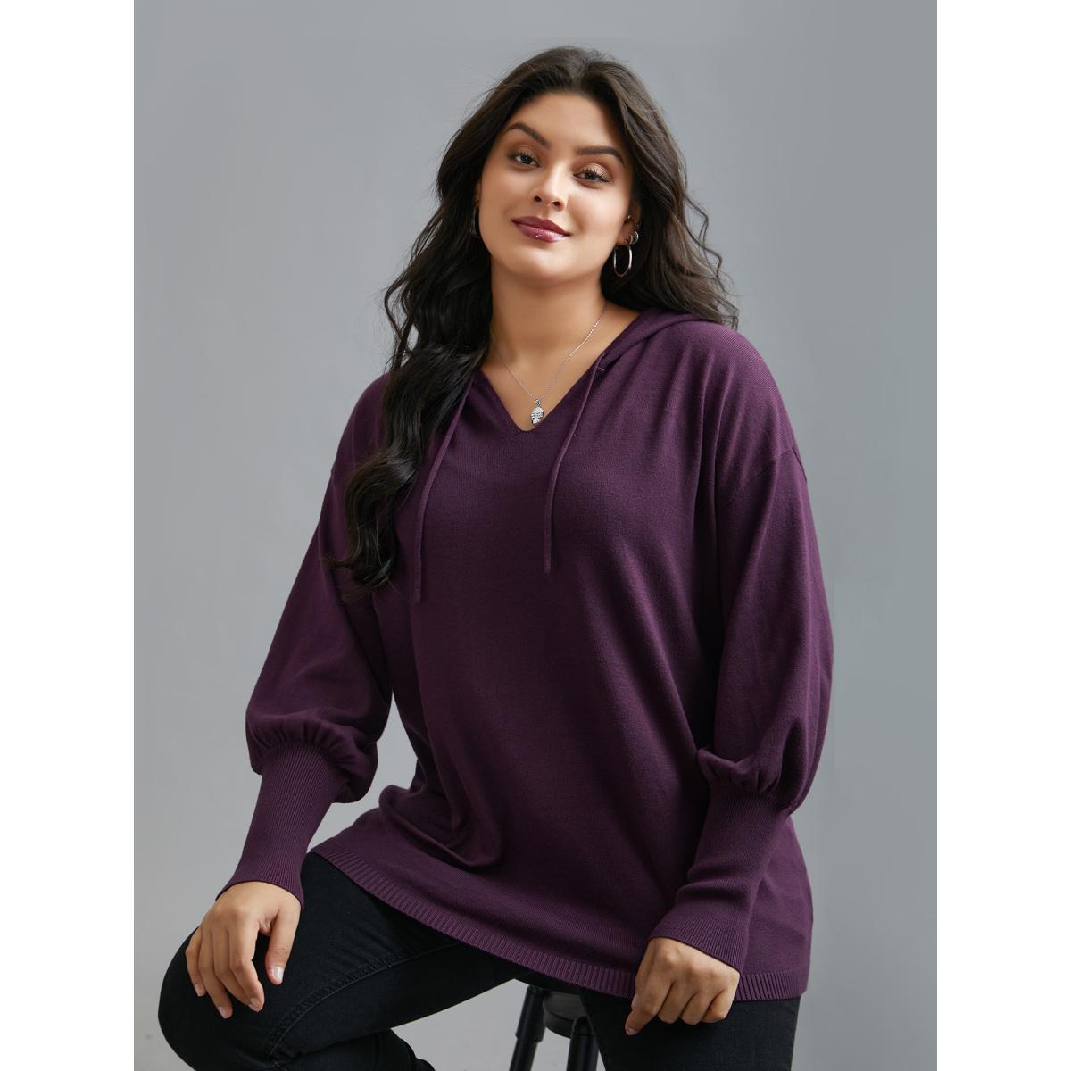 Plus Size Drop Shoulder Slim-Fit Hooded Pullover Eggplant Women Casual Loose Long Sleeve Hooded Everyday Pullovers BloomChic 18-20/2X Product Image