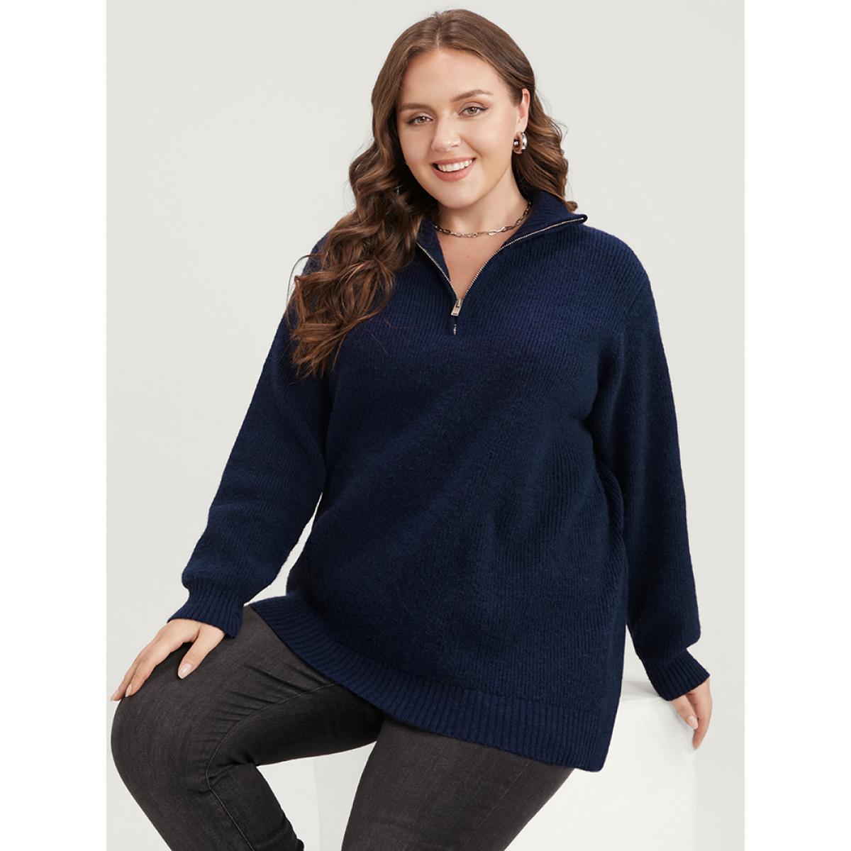 Plus Size Solid Super Soft Plush Knit Zip Neck Knit Top DarkBlue Women Casual Loose Long Sleeve Lapel Collar Dailywear Pullovers BloomChic 14-16/1X Product Image