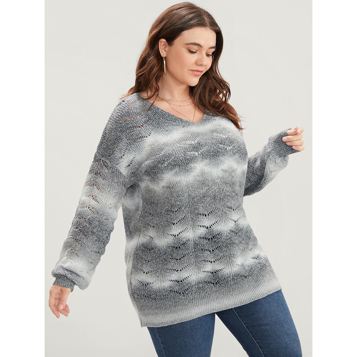 Plus Size Ombre Spacedye Knit Eyelet V Neck Heather Knit Top Multicolor Women Casual Loose Long Sleeve V-neck Dailywear Pullovers BloomChic 10/M Product Image