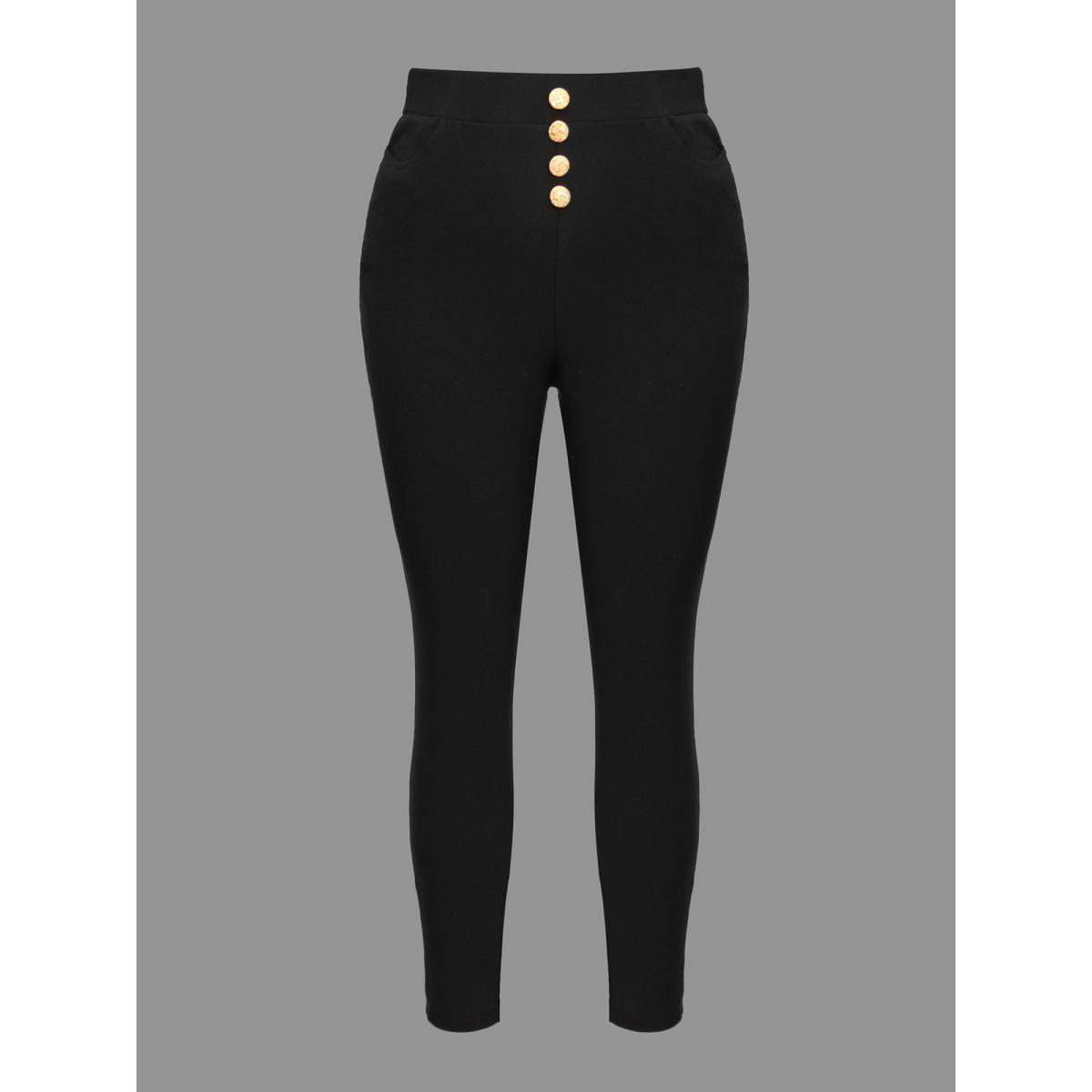 Plus Size Plain Button Detail Skinny Fit Pants Women Black Elegant Skinny Mid Rise Everyday Pants BloomChic 14-16/1X Product Image
